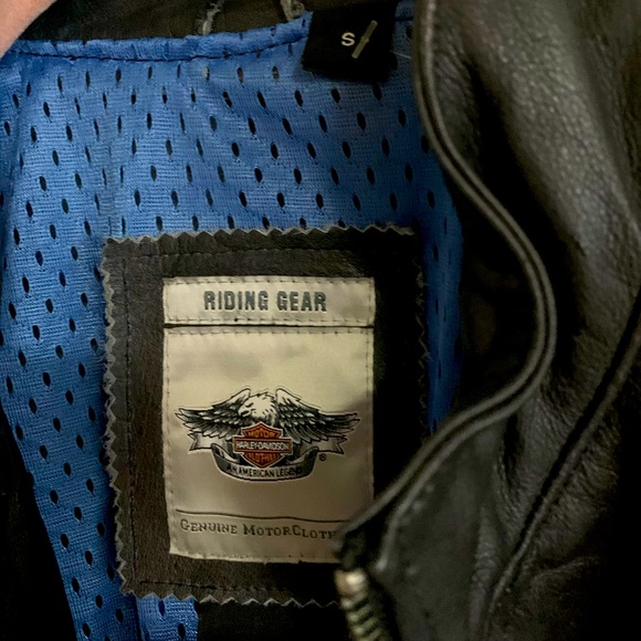 Harley Davidson black leather blue flames jacket S - Picture 3 of 9